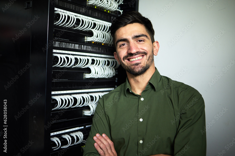 Leinwandbilder engineer man, cables and portrait in a server room for network, maintenance and software upgrade. yo
