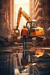 worker in a helmet look on a hard industrial zone, in background big excavators and trucks , ai generative