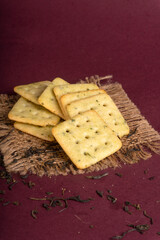 Crunchy  biscuit for healthy life with wheat and cup of tea for breakfast.