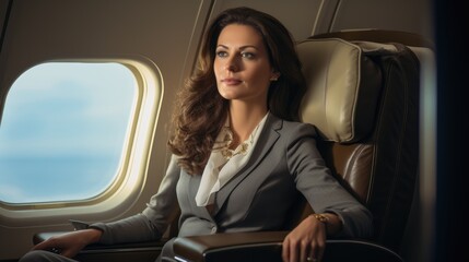 Obraz na płótnie Canvas luxurious businesswoman on a business class plane, Generative AI