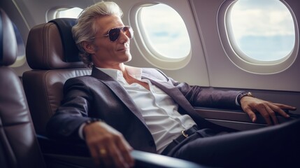 luxurious businessman travelling on a business class plane, Generative AI