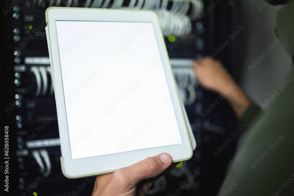 Aufkleber Screen, technician and hands with tablet for information on a server room for network analytics. Closeup, working and a programmer with mockup technology for system connectivity, coding and research