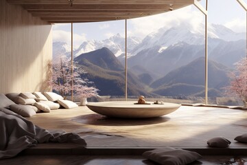 Relaxation concept at wellness retreats amidst serene mountain scenery, Generative AI