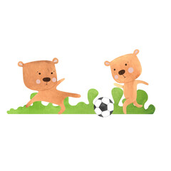Obraz na płótnie Canvas cubs play football, cute bears play ball, outdoor sports games painted with watercolors, outdoor physical education