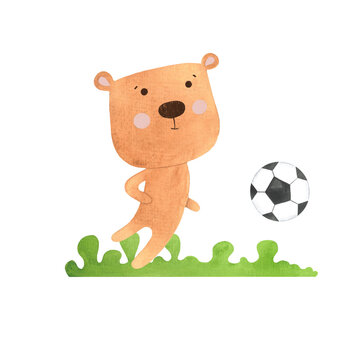 cubs play football, cute bears play ball, outdoor sports games painted with watercolors, outdoor physical education