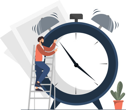 Person standing near alarm clock, planning schedule, planning business event, organizing meeting., planning strategy and time management