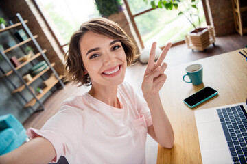 Selfie of alone beautiful young woman coffee break pause blogger show her lifestyle freelance...