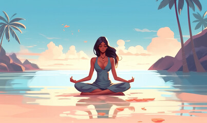 Young woman with long black hair meditates in the lotus position on the beach