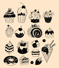 Collection sweet food. Hand drawn pastries. Desserts, roll, donut, cakes, cookies, muffins and pastries, ice cream and creamy dessert strawberry. Vector illustration.