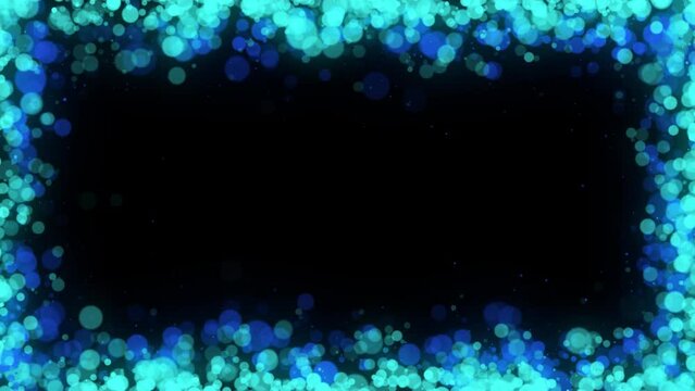 4K Shiny circle frame platform Elegant silver Snowflakes abstract particles Christmas animated Blue background. glitter winter theme. Corner frame border copy space. Futuristic glittering in space.