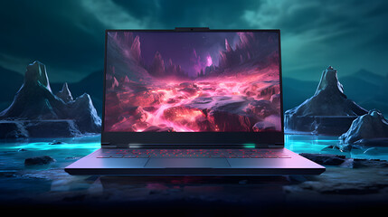 Gaming laptop with mountain view and fantasy screen wallpaper, ai generated