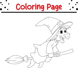 Halloween witch coloring pages for kids. Black and white Moth vector illustration for children coloring book