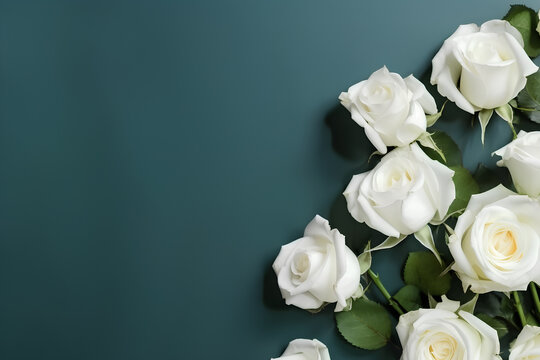 White roses on green blue background