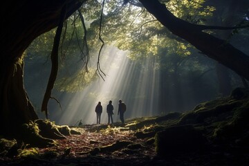 Photograph of people exploring enchanted forests amd mist and sun rays, Generative AI
