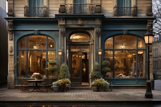 Vintage charming storefront with wood carpentry and an elegant retro feel, generative AI