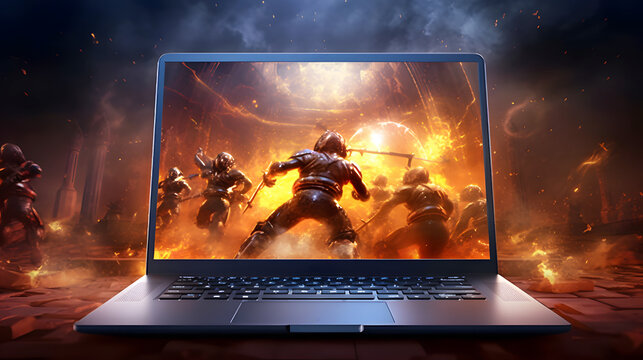 Gaming laptop with fire and smoke 3D effects and a fight screne screen wallpaper, ai generated
