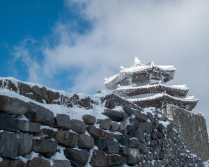 A snowy mountain temple against a blue sky. 