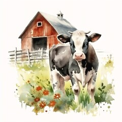 Generative AI : Watercolor Illustration of Adorable Farm Animals and Rustic Farmhouse