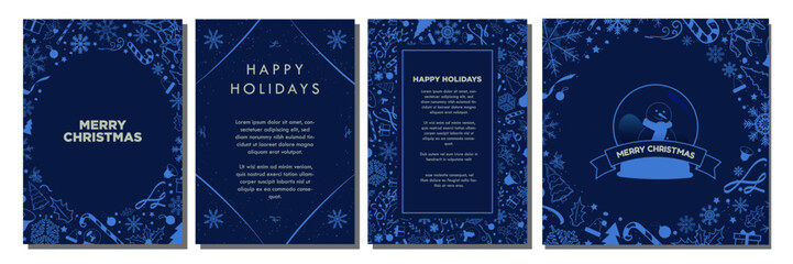 Navy Christmas Template Designs. Beautiful Monochromatic Christmas Backgrounds with teal blue Christmas element pattern ornaments. Greeting Card and poster templates.  Editable Vector Illustration. - obrazy, fototapety, plakaty