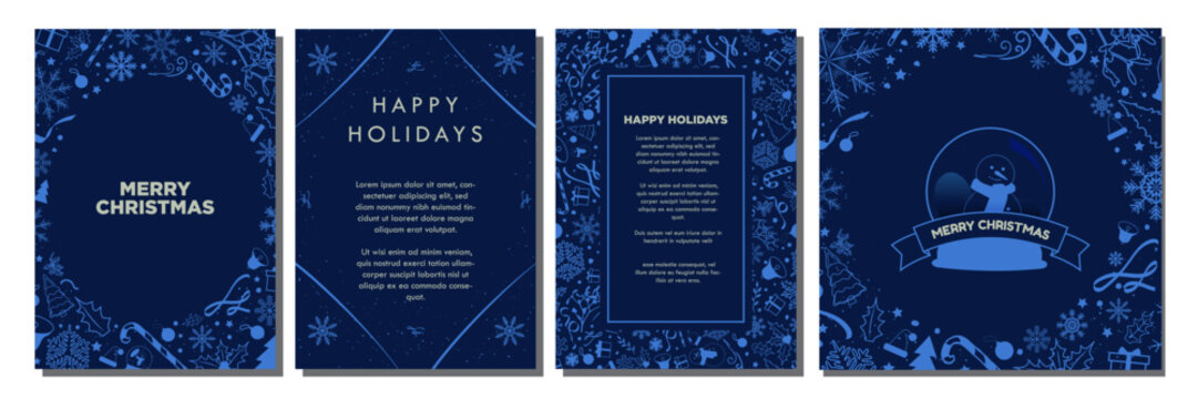 Navy Christmas Template Designs. Beautiful Monochromatic Christmas Backgrounds with teal blue Christmas element pattern ornaments. Greeting Card and poster templates.  Editable Vector Illustration.