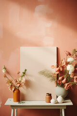 artistic frame canvas mock up in a curated whimsical studio setting / rose colours, floral atelier bohemian style with natural light and shadows - ai generative art