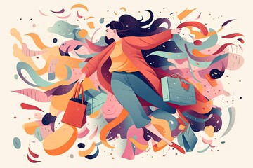 Fashion illustration of a young and stylish woman is depicted as a shopaholic shopper.