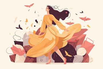 Illustration of a young and stylish woman in a yellow dress, fashion and lifestyle concepts.