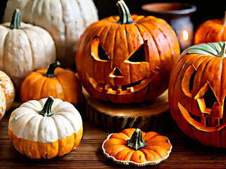 Realistic pumpkin Halloween neutral palette warm lighting.