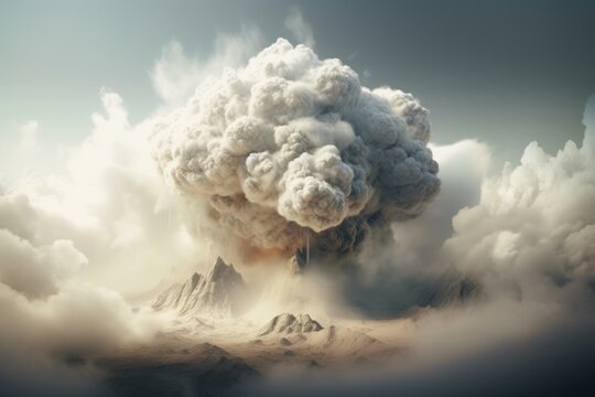 Illustration of a mountain engulfed in a massive cloud of billowing smoke, created using generative AI