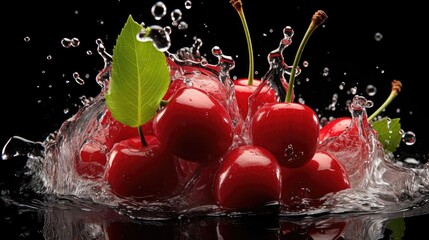 Fototapeta na wymiar fresh red cherry exposed to water splash on black background and blur