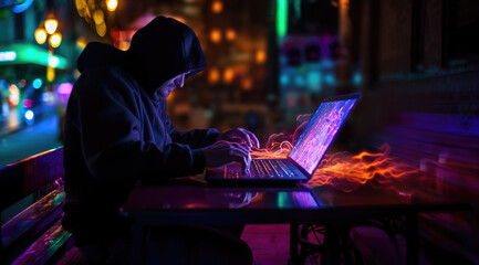 Fototapeta na wymiar a hacker working on his laptop in a bar