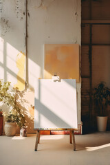 artistic frame canvas mock up in a curated whimsical studio setting on easel / desk, atelier bohemian style with natural light and shadows - ai generative art