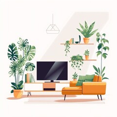 Generative AI : Modern Living: AI-Generated Illustration of a Cozy TV Room with Minimalist Charm on White Background