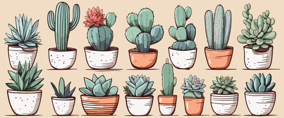 Indoor various green potted plants flowers and cactus set , flat simple vector illustration isolated on pastel background