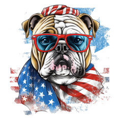 An energetic English bulldog American flag day t-shirt design, the bulldog portrayed in a dynamic pose with fireworks bursting in the background, Generative Ai
