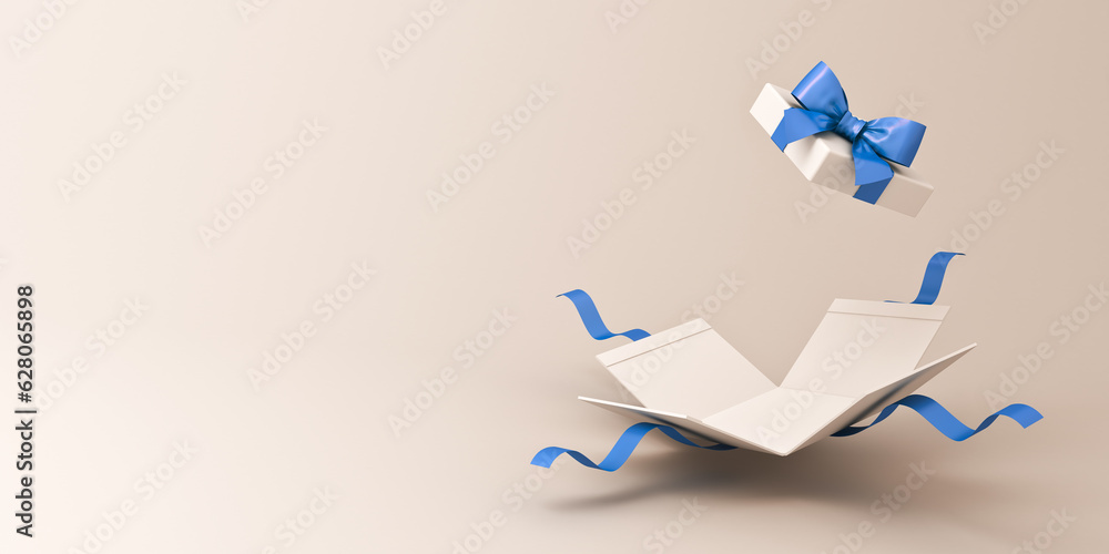 Fototapete White gift box open or blank present box with blue ribbon and bow isolated on light gray background with shadow and blank space minimal concept 3D rendering