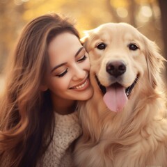 Generative AI : Nature's Bond: Young Woman Embracing Golden Retriever in Serene Harmony