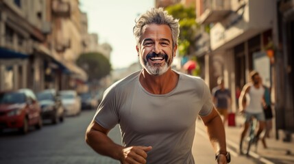 portrait of a man. middle age man running. urban city background.
