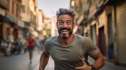 portrait of a man. middle age amn running. urban city background.