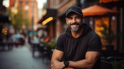 Fototapeta premium portrait of a man. middle age mann running. urban city background.
