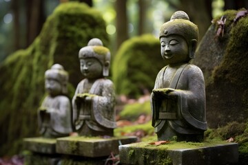 Row of charming Buddhist Jizo statues nestled in a serene Japanese garden, protecting the spirits of children in Buddhist lore