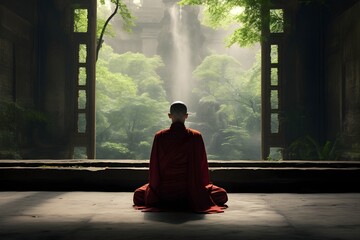 Buddhist nun in a tranquil meditation posture at a secluded monastery, representing the ascetic life and profound spirituality of Buddhist nuns