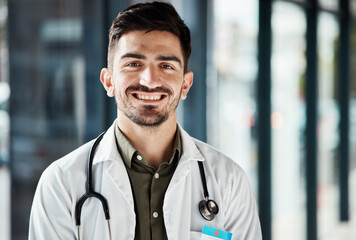 Portrait, healthcare and confident doctor, happy man or surgeon for medical services, clinic...