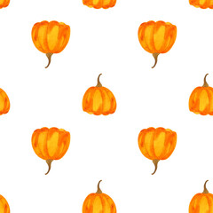 pattern with pumpkins painted in watercolor, autumn pattern seamless, print for halloween