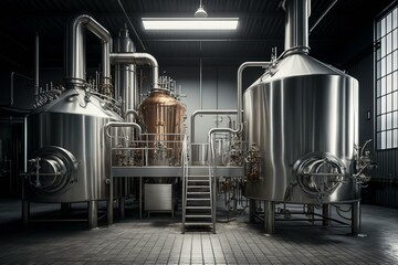 A modern brewery with shiny steel brewing equipment and facilities. Generative AI