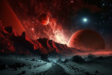 Red-skied alien world with stars. Generative AI