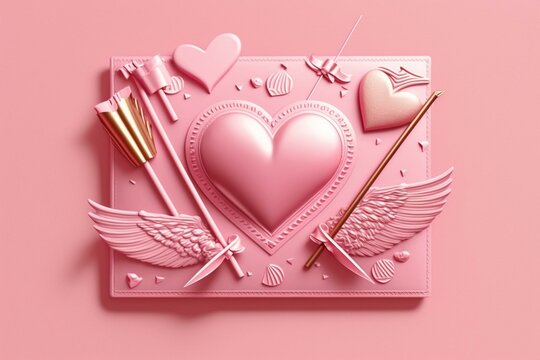 Valentine's idea with true love ticket & cupid arrows on pink backdrop. Generative AI