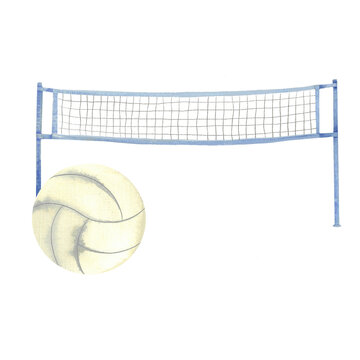volleyball ball, volleyball net, watercolor sport illustration