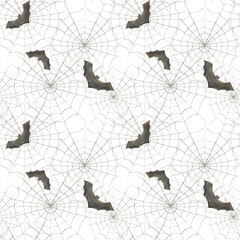 halloween pattern with spider web and bat painted in watercolor for fabric backgrounds paper
