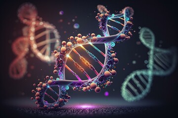 3D illustration of DNA molecules on scientific background. Generative AI
